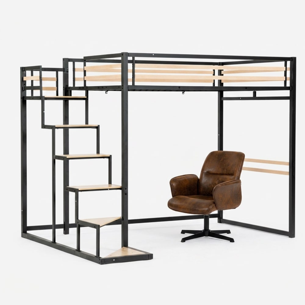 Lit superposé double noir haut avec fauteuil pivotant en marron