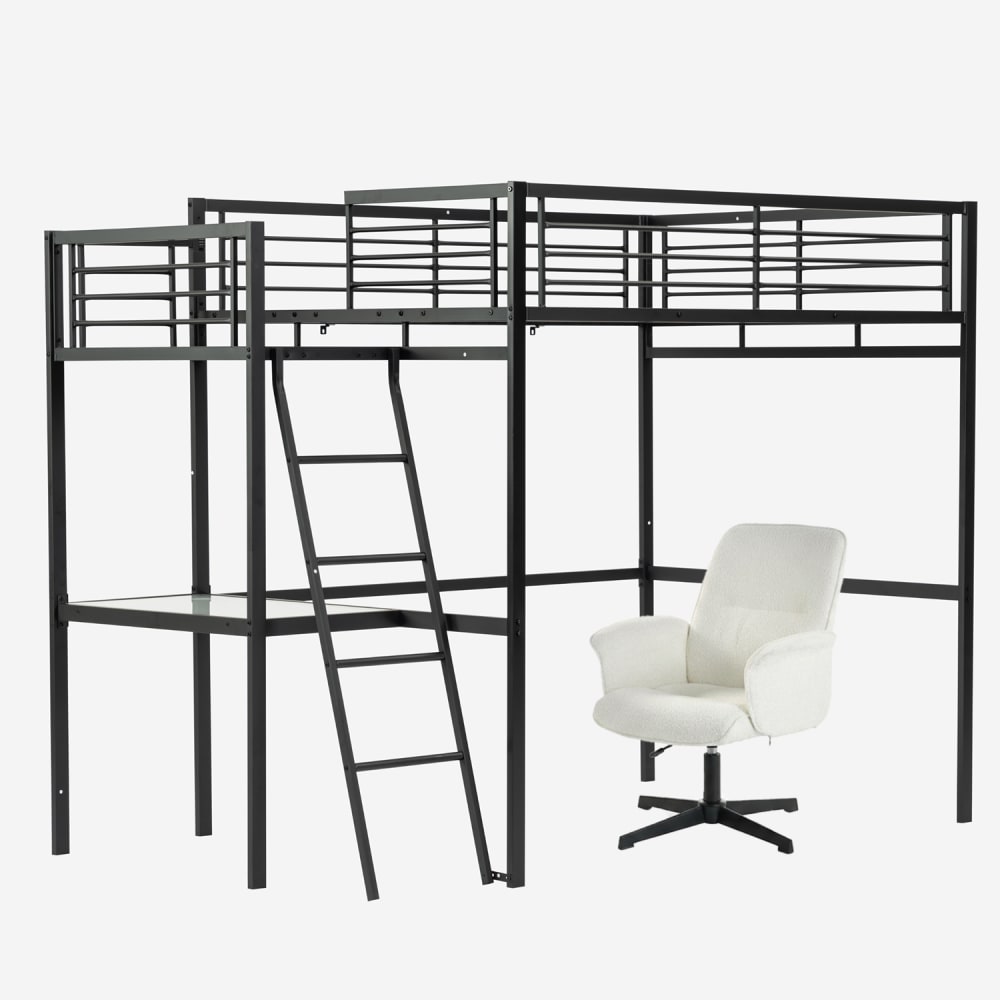 Lit mezzanine double avec bureau et fauteuil de bureau pivotant