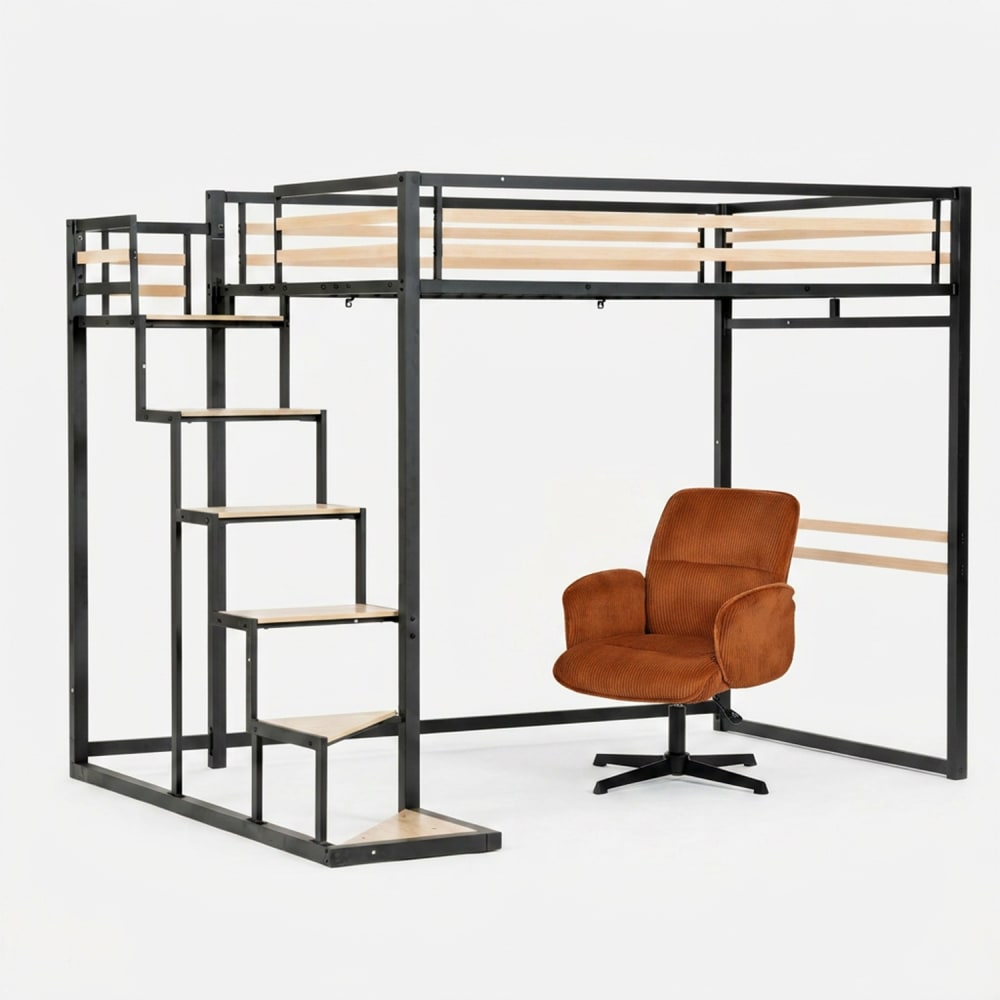 Lit superposé double noir haut avec fauteuil pivotant, rouge