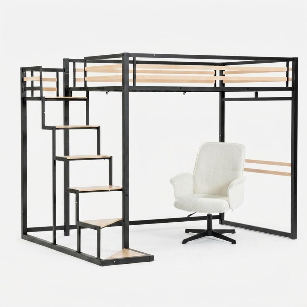 Lit superposé double noir haut avec fauteuil de bureau pivotant bouclé