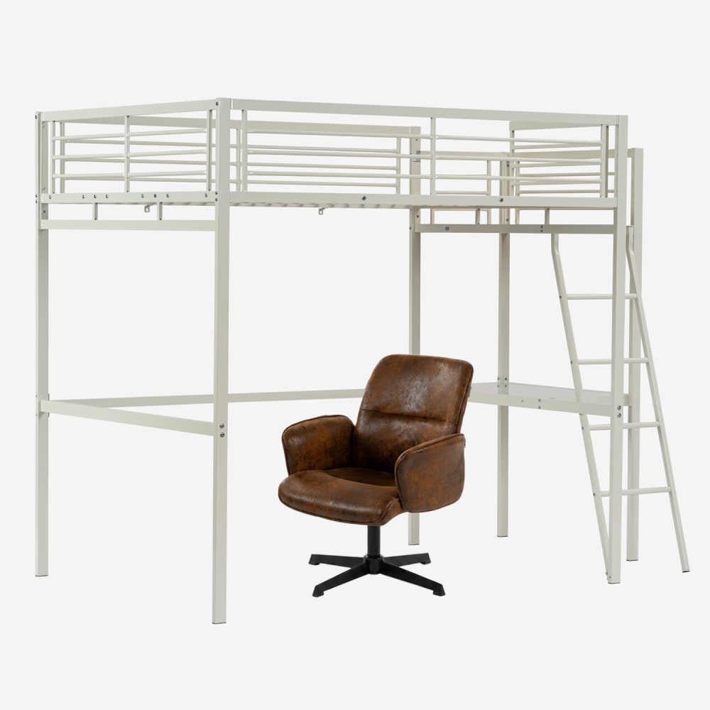 Lit mezzanine blanc avec bureau et chaise de bureau pivotant marron