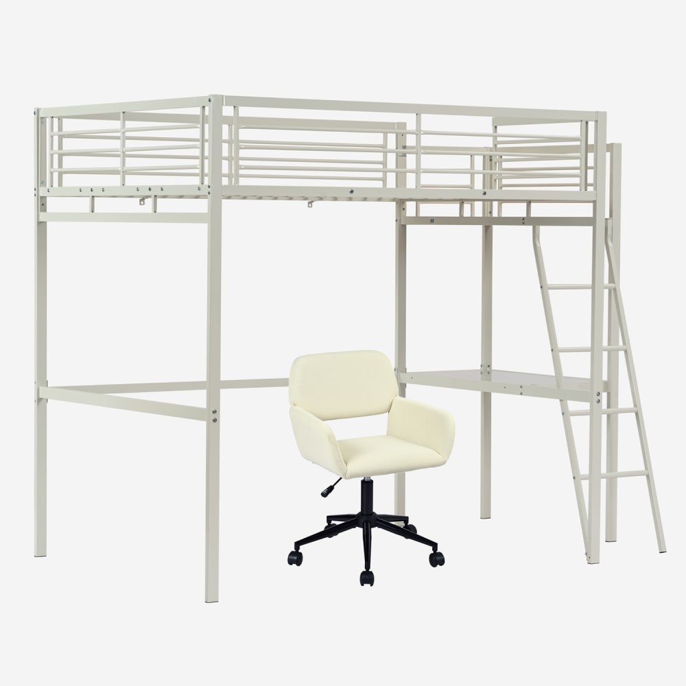 Lit mezzanine double avec bureau et chaise pivotante beige
