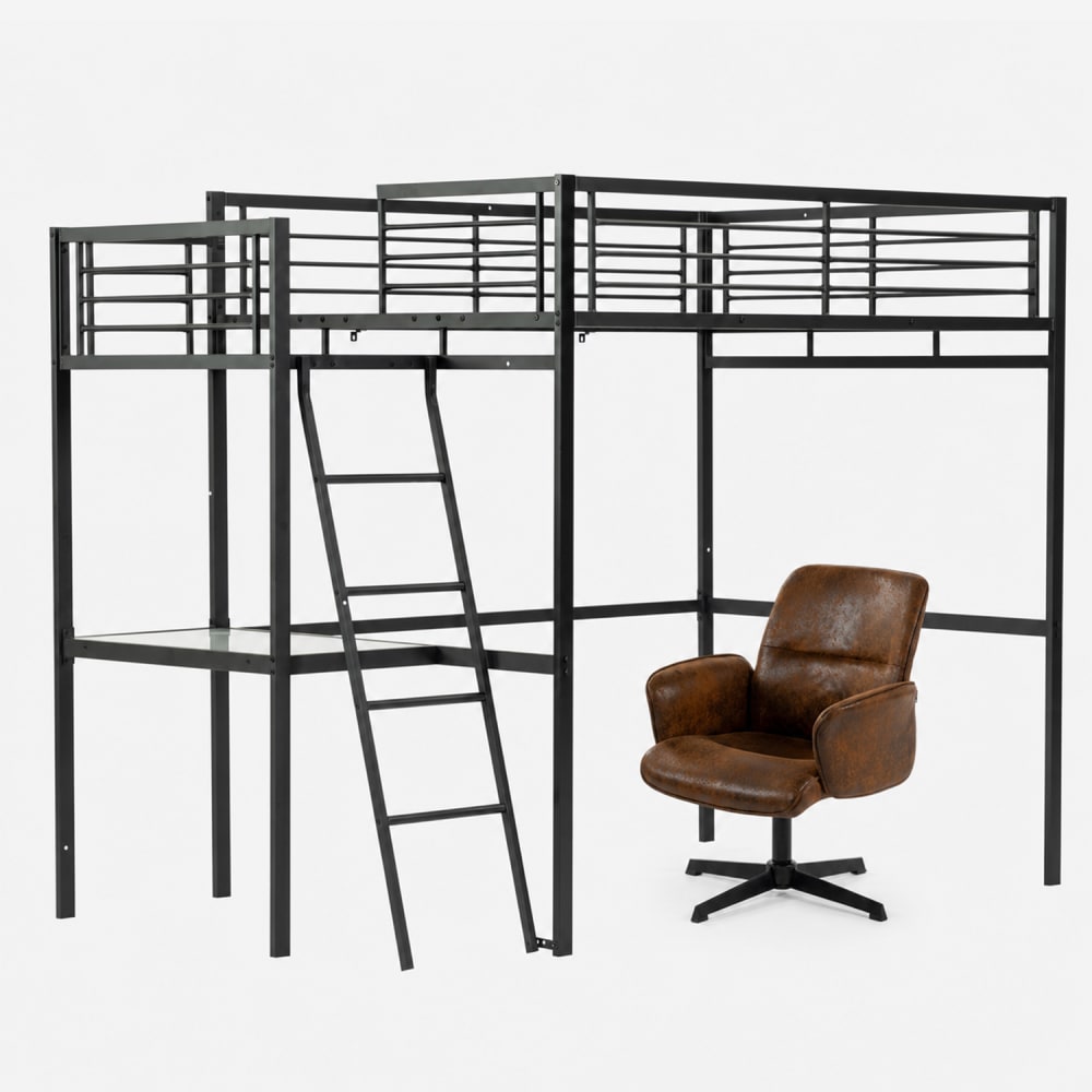 Lit mezzanine double avec bureau et chaise de pivotant marron