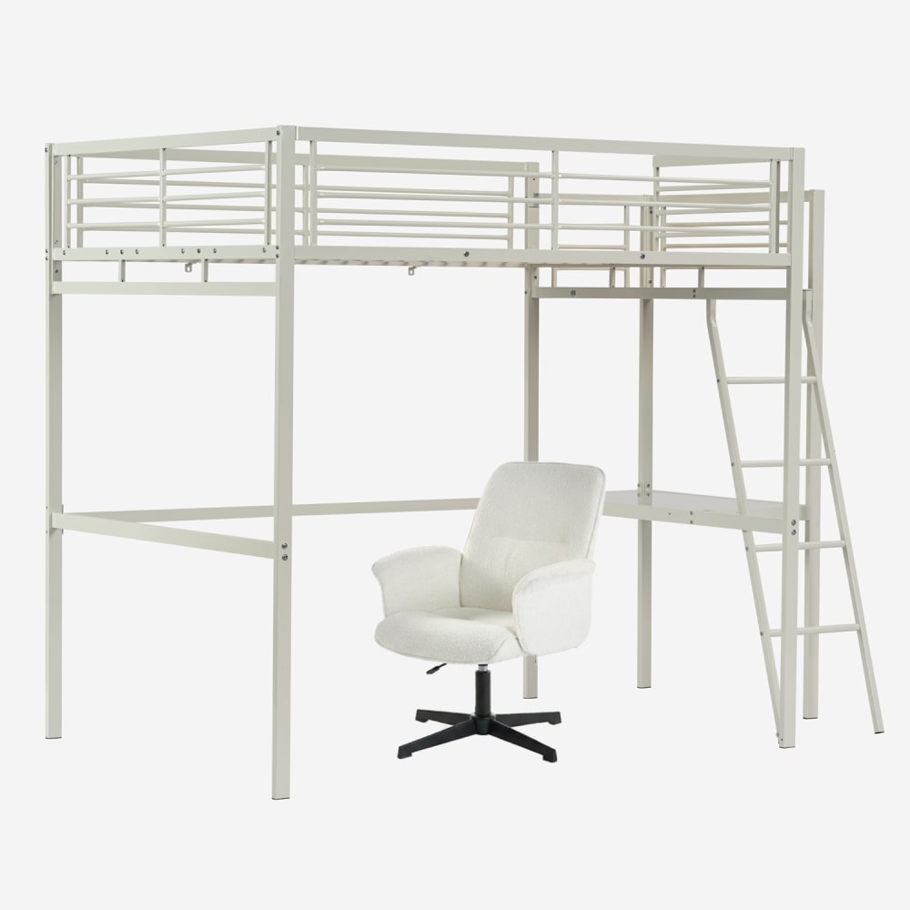 Lit mezzanine blanc avec bureau et fauteuil de bureau pivotant blanc
