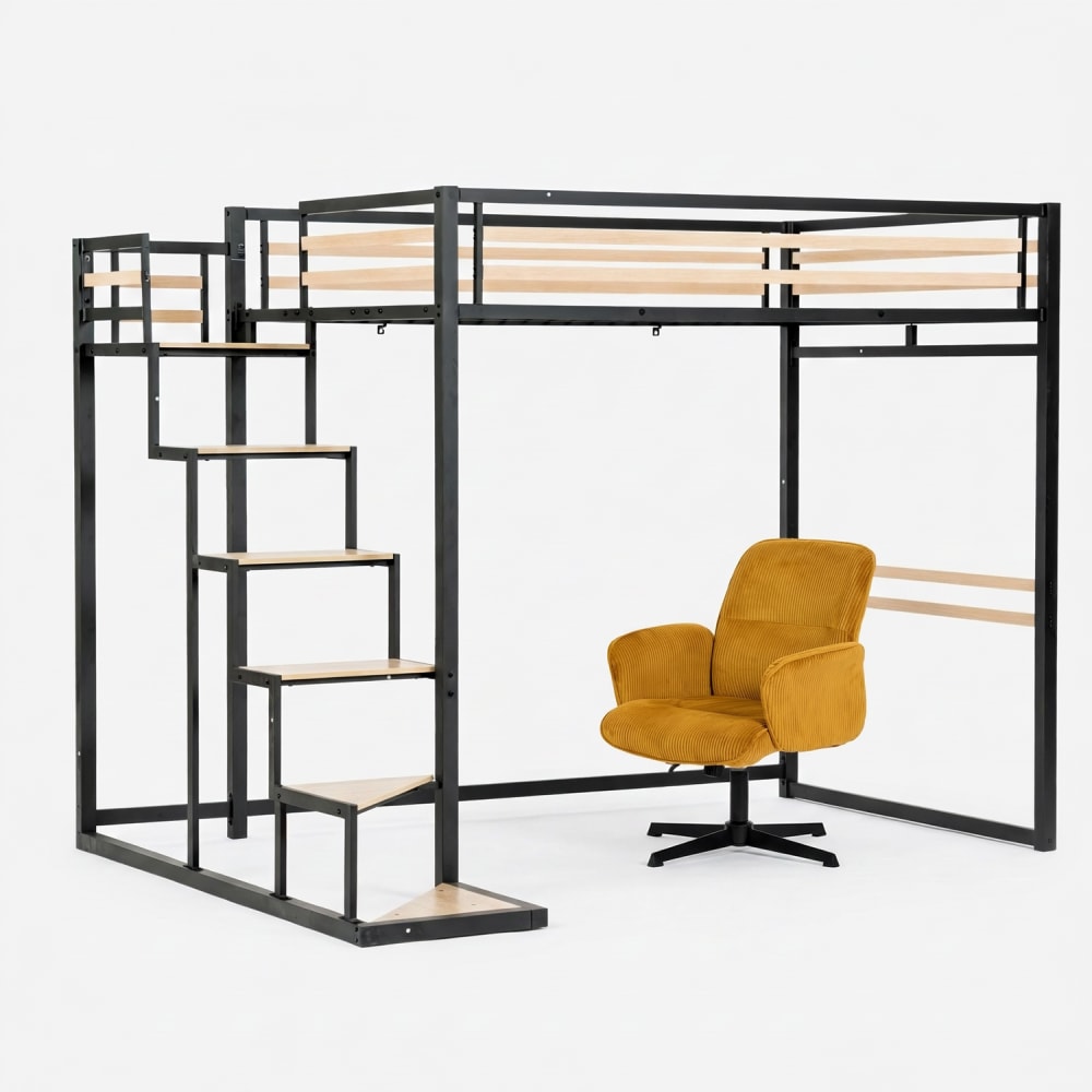 Lit superposé double noir haut avec fauteuil pivotant en jaune