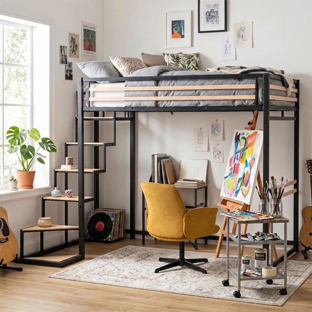 Lit superposé double noir haut avec fauteuil pivotant en jaune
