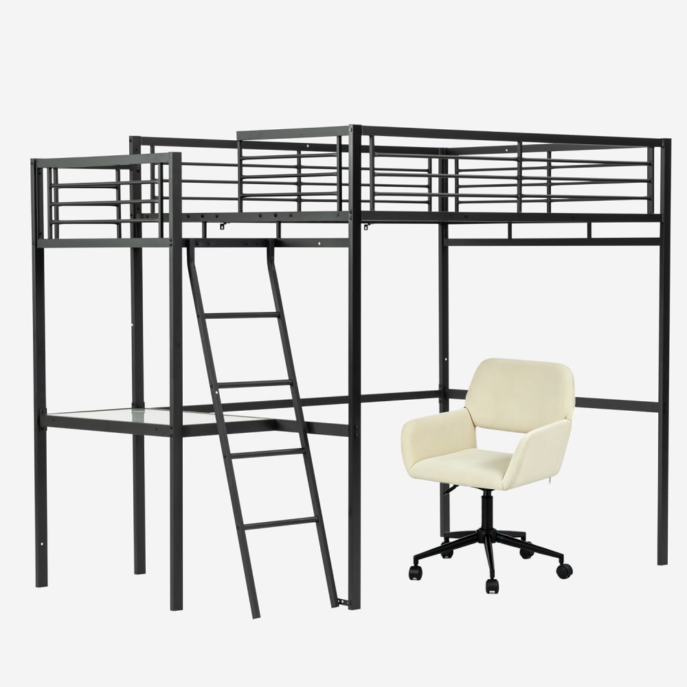 Lit mezzanine noir avec bureau et chaise pivotante beige