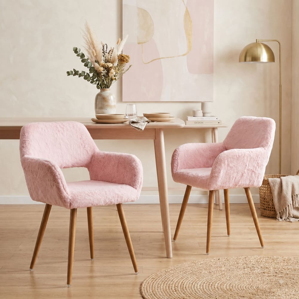 2er-Set Kunstfell-Esszimmerstühle mit Stahlbeinen, rosa - Maisons