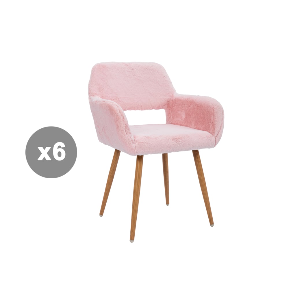 Lot de 6 chaises fausse fourrure avec pieds acier, rose Lot de 6 chaises fausse fourrure avec pieds acier, rose