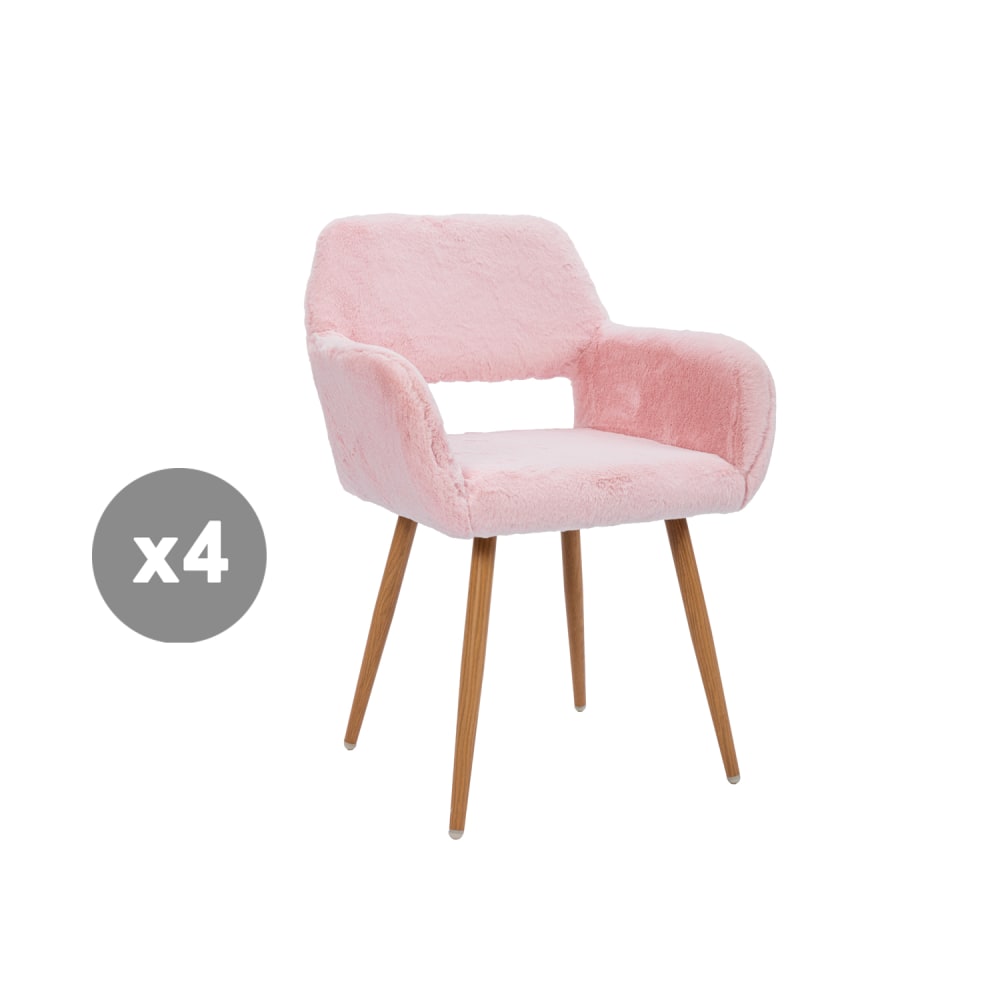 Lot de 4 chaises fausse fourrure avec pieds acier, rose Lot de 4 chaises fausse fourrure avec pieds acier, rose
