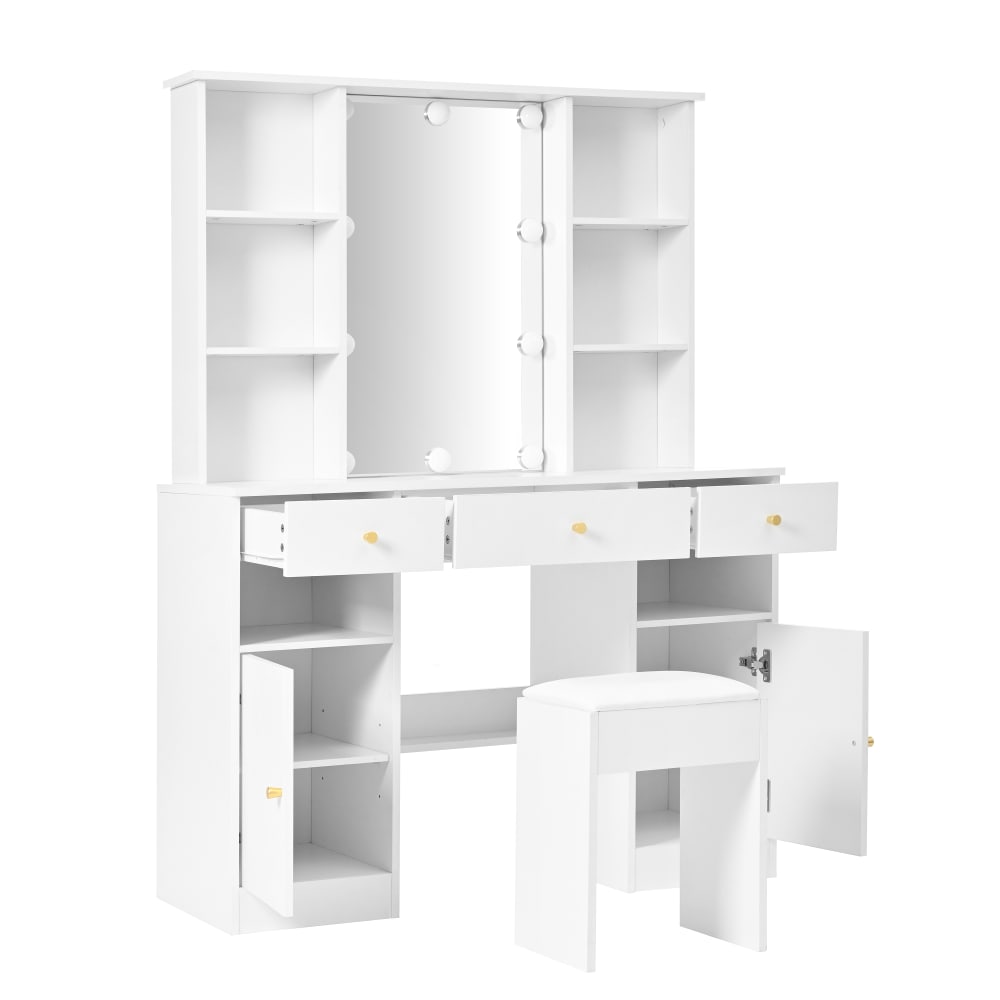 Flieks Großer Schminktisch LED-Spiegel Hocker 3 Schubladen Weiß style modern Weiß Spanplatte