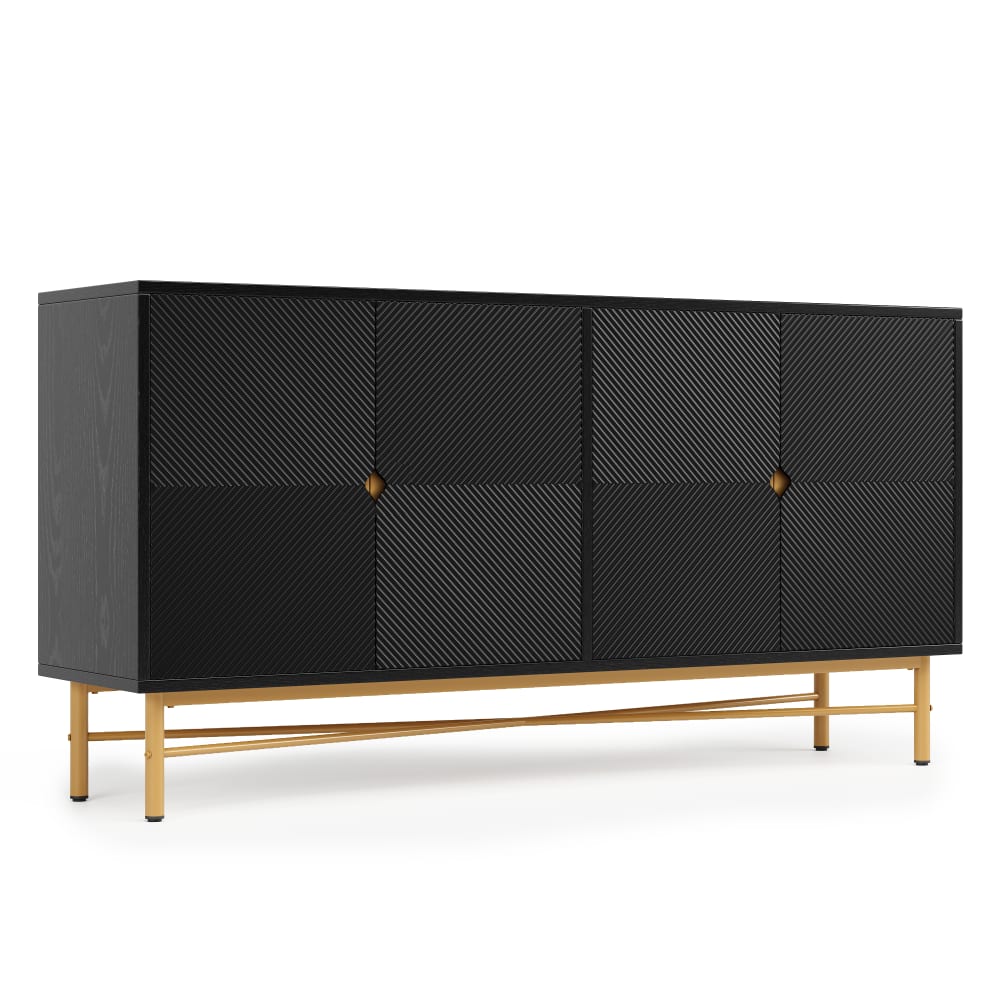 Flieks Sideboard Erhabene Struktur 4 Türen Goldgriffe Schwarz style modern Schwarz Spanplatte