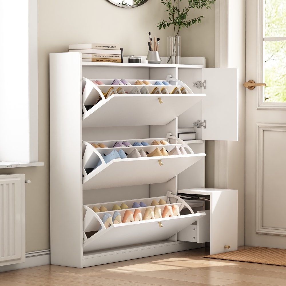Vielseitiger Kipp-Schuhschrank mit 3 Klappschubladen freistehend
