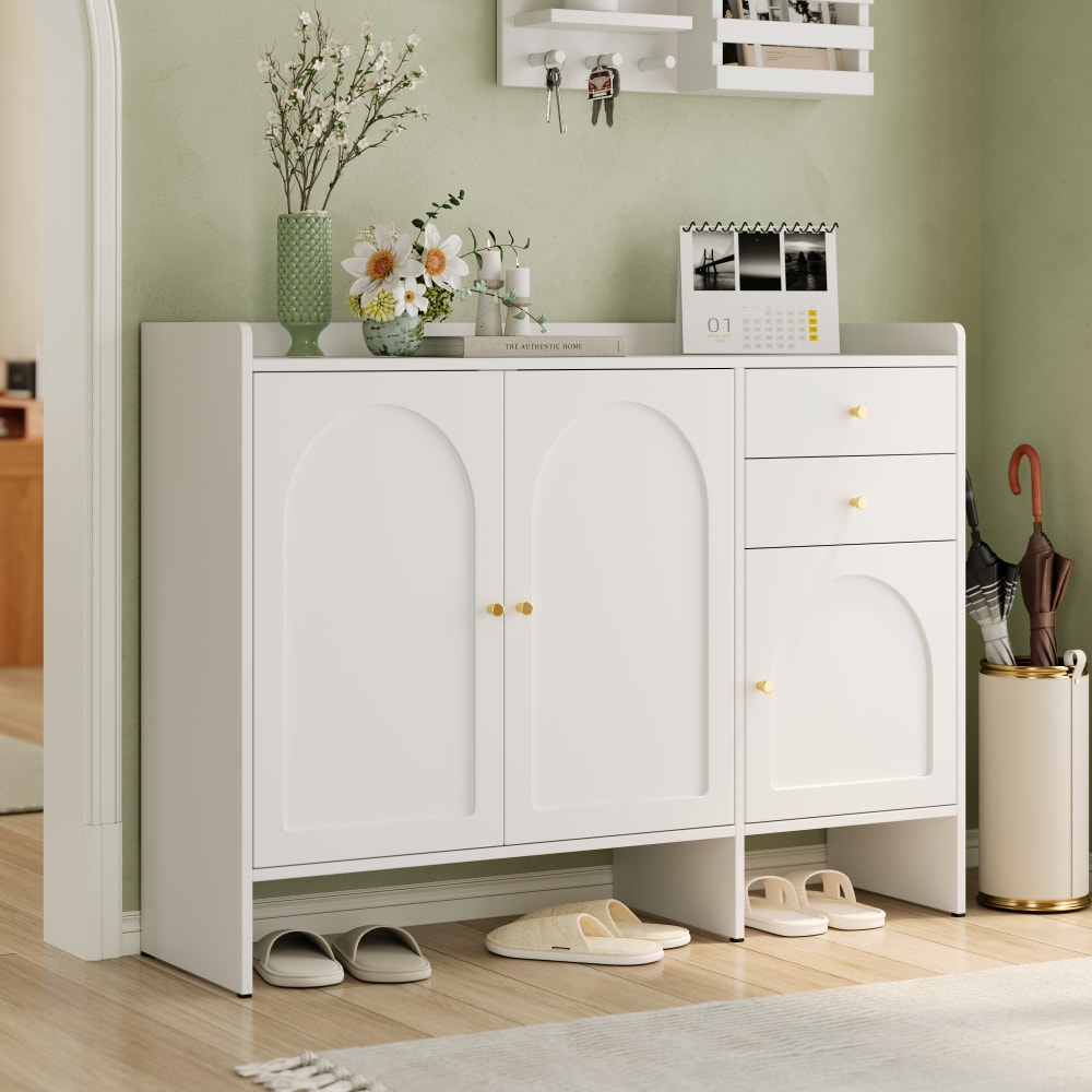 Schuhschrank 3 Türen 2 Schubladen Metallgriffe Weiß - Maisons Du