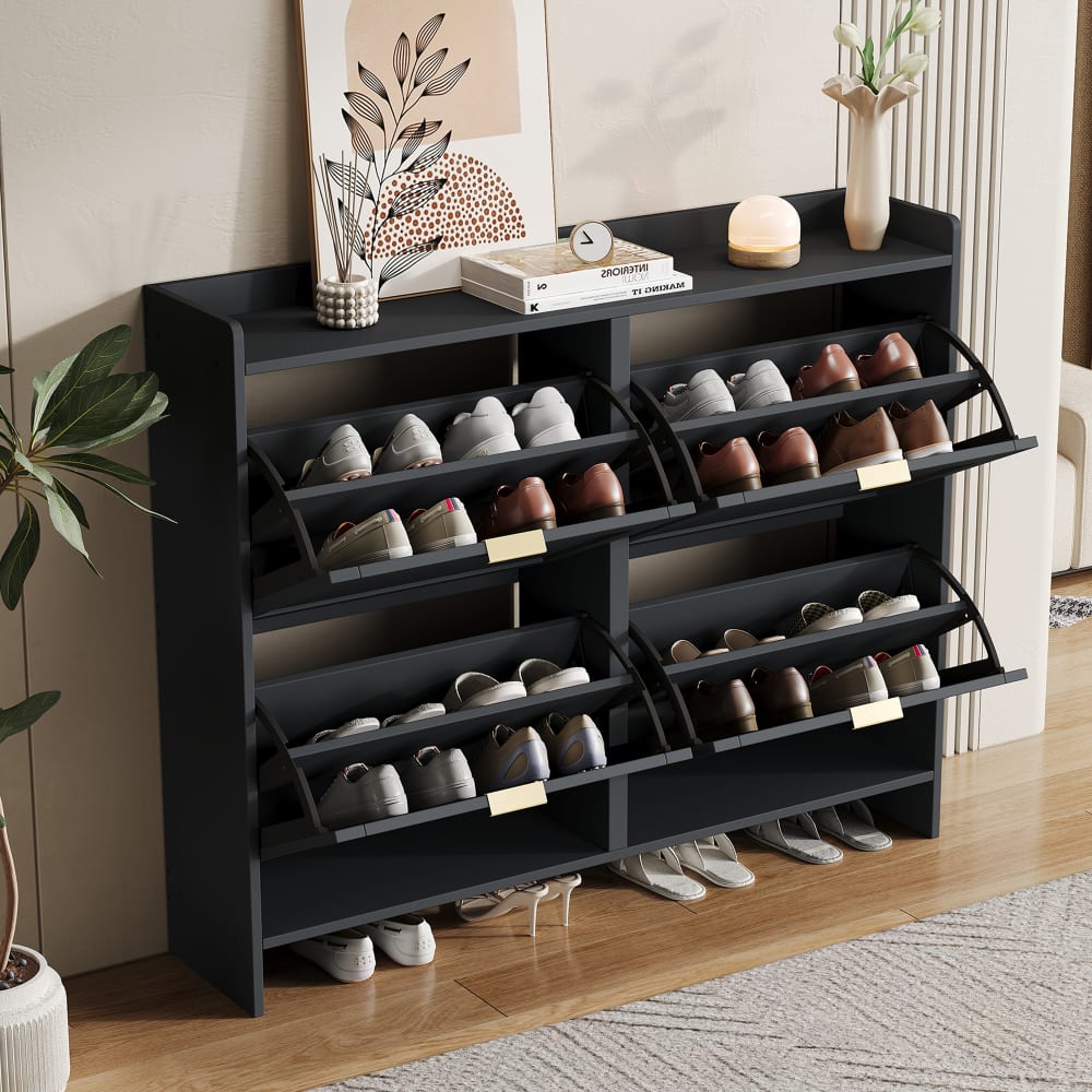 Schuhschrank 4 Klappenfächer Offene Ablagen Schwarz - Maisons Du