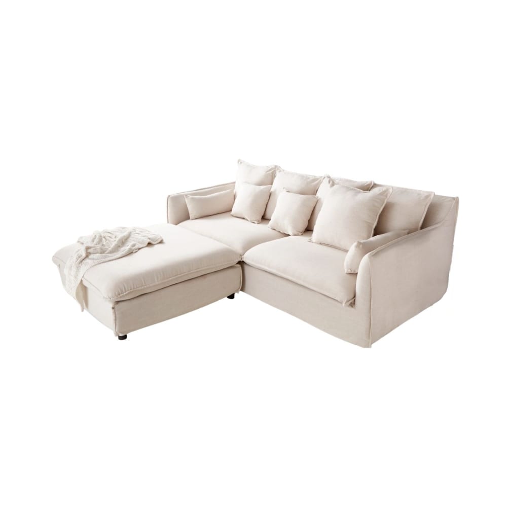 Canapé d'angle avec pouf 4 places en tissu en polyester blanc Canapé d'angle avec pouf 4 places en tissu en polyester blanc
