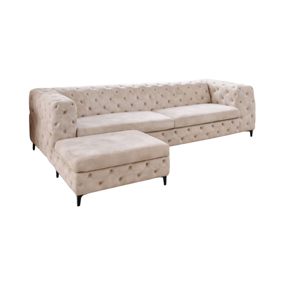 Canapé d'angle avec pouf 4 places en velours de polyester champagne
