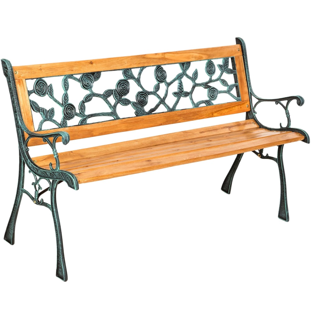 Banc de jardin 2 places robuste bois sapin fonte, marron 124x52x74cm Banc de jardin 2 places robuste bois sapin fonte, marron 124x52x74cm