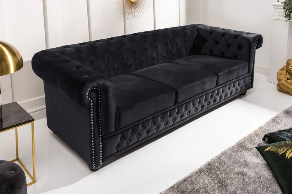 Canapé droit 3 places en velours de polyester noir