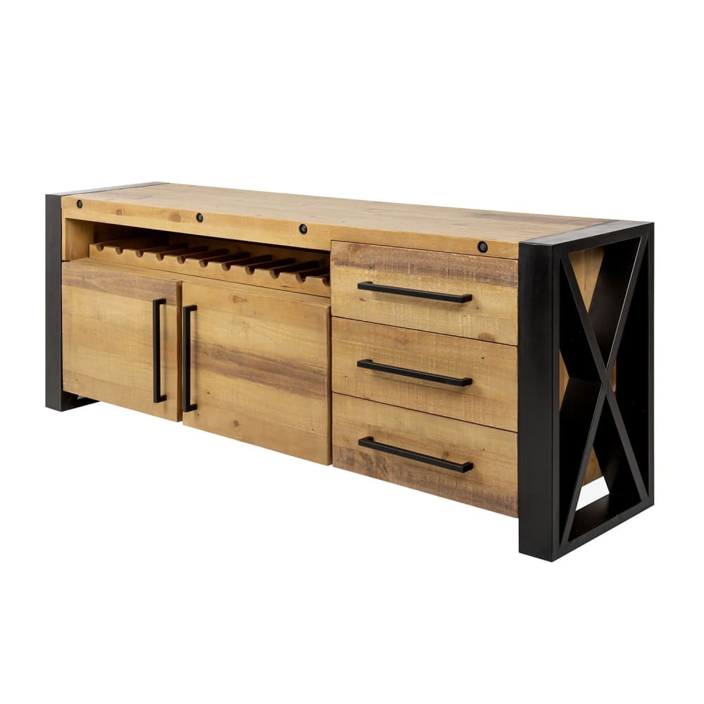 Buffet en bois de pin clair et pieds en acier noir 195x76x45cm Buffet en bois de pin clair et pieds en acier noir 195x76x45cm