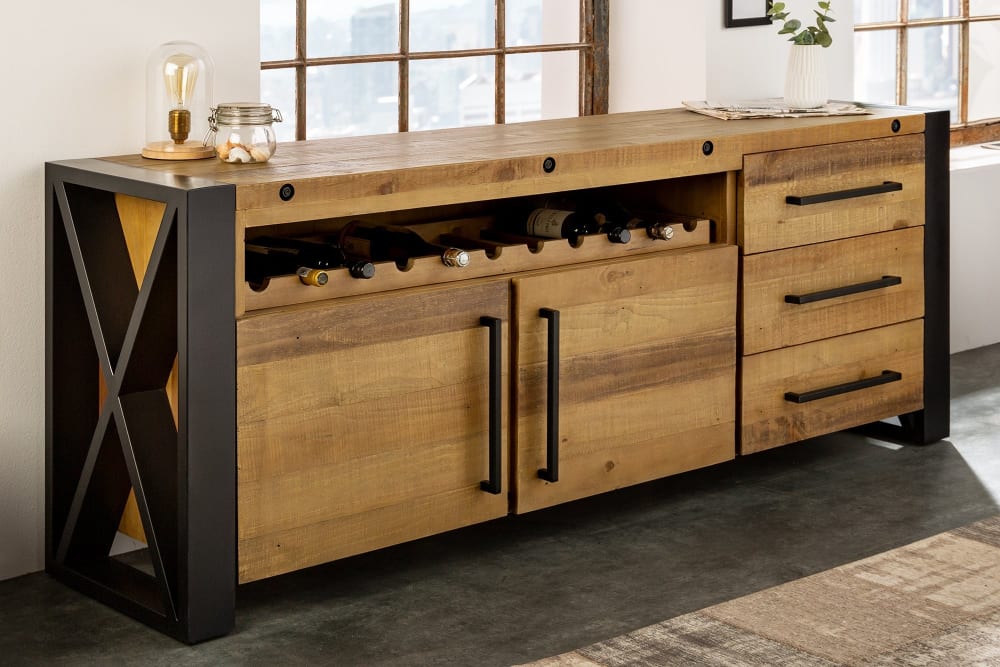 Buffet en bois de pin clair et pieds en acier noir 195x76x45cm