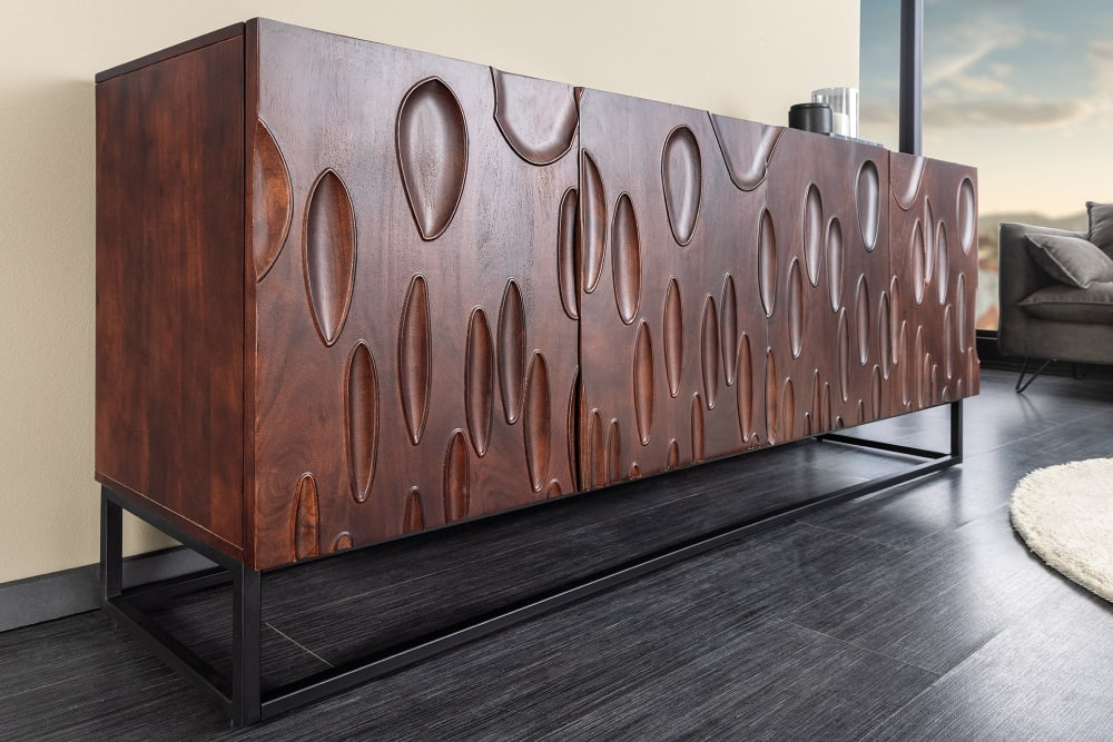 Buffet en bois massif d'acacia marron et pieds en fer noir 175x76x40cm