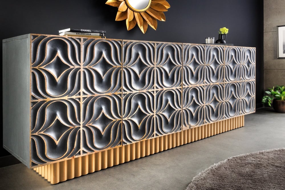 Buffet en bois massif de manguier gris et doré 177x75x38cm