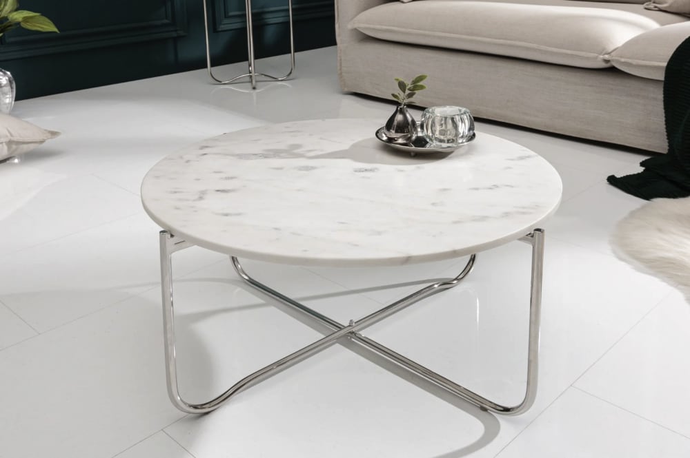 Table basse ronde blanche et argentée en marbre et fer 62x33x59cm