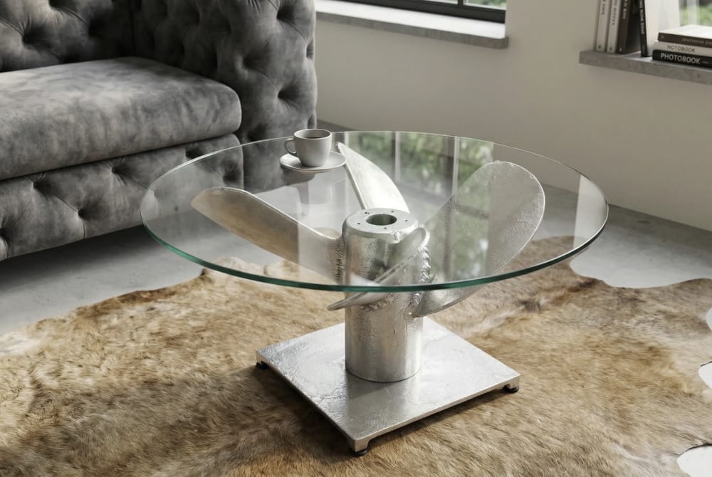 Table basse argentée en aluminium et plateau en verre 70x35x70cm