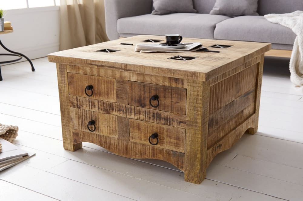 Table basse en bois de manguier et détails en fer noir 70x45x70cm