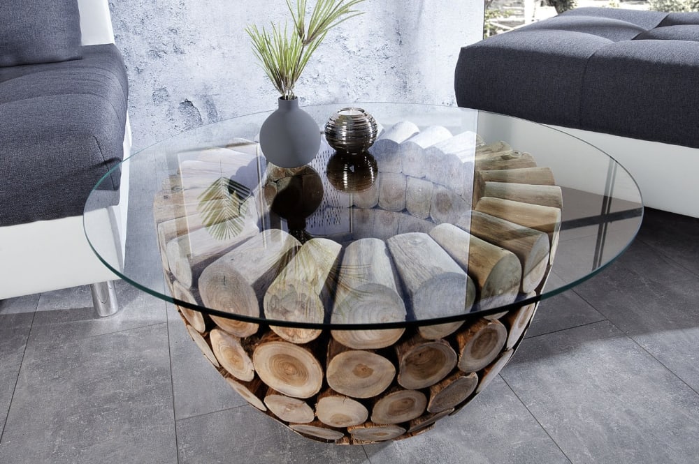Table basse ronde en bois de teak et plateau en verre 70x41x70cm