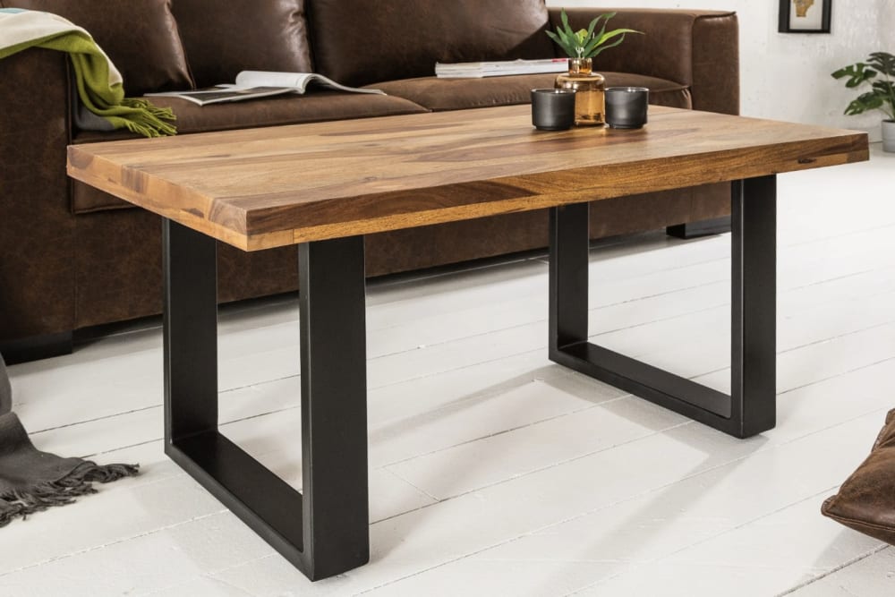 Table basse en bois de sheesham et pieds en fer noir 100x45x60cm