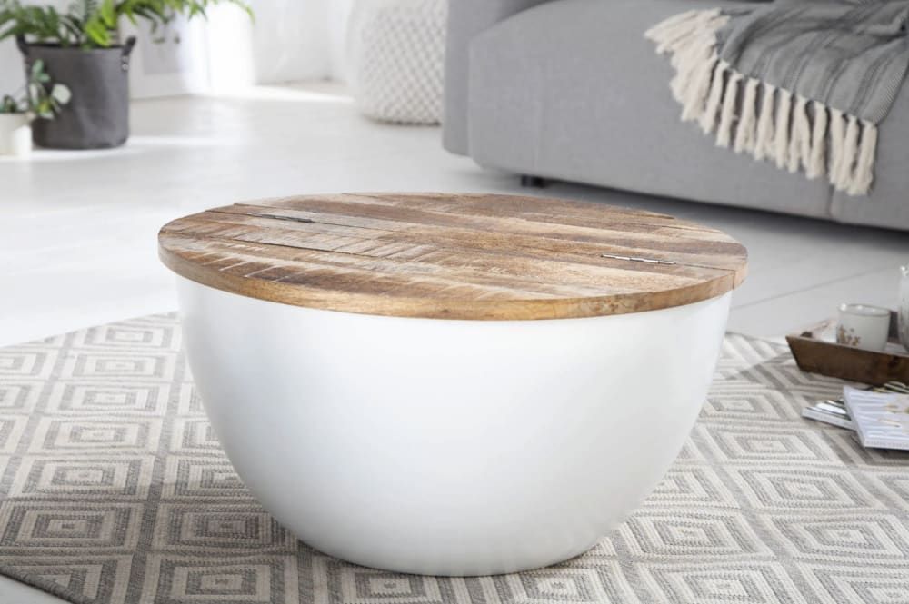 Table basse blanche et bois ronde avec 1 porte 60x30x60