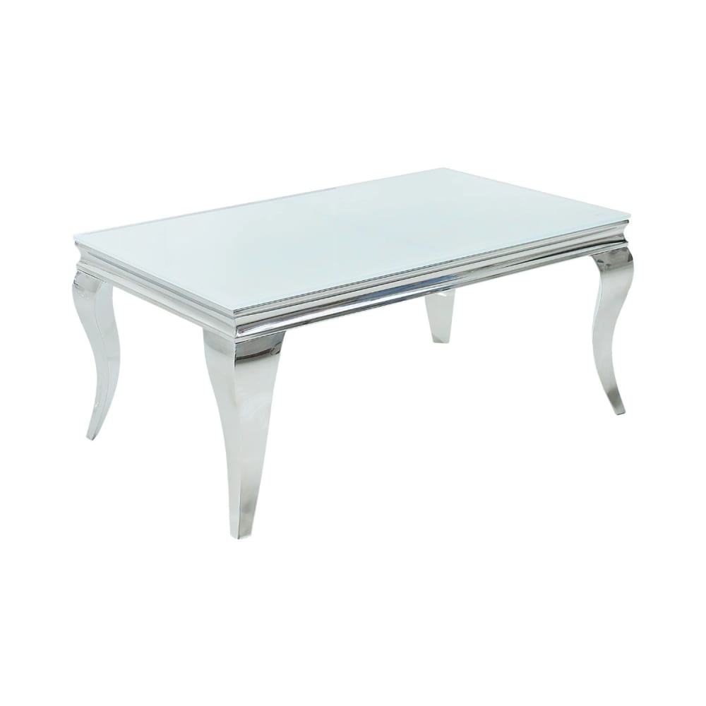 Table basse argenté en acier inoxydable et verre opale 100x45x60cm