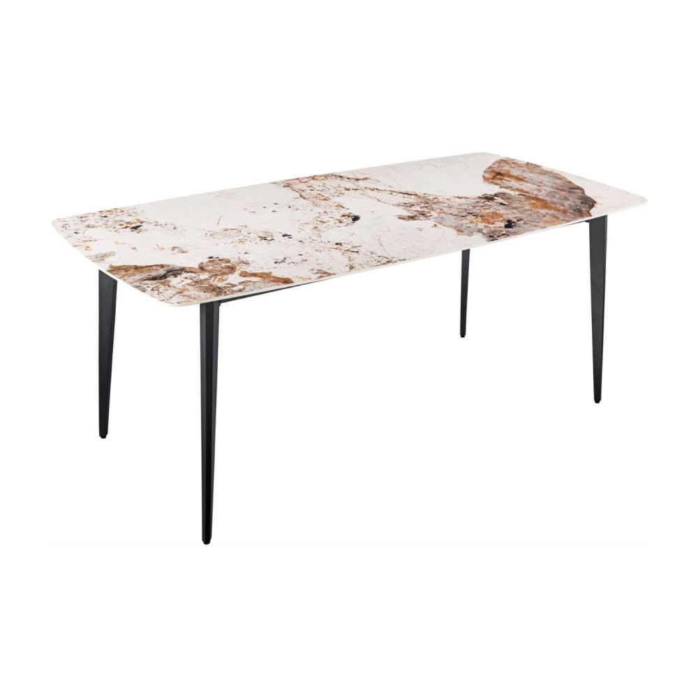 Table en céramique effet marbre naturel et pieds en fer noir 160x85cm Table en céramique effet marbre naturel et pieds en fer noir 160x85cm