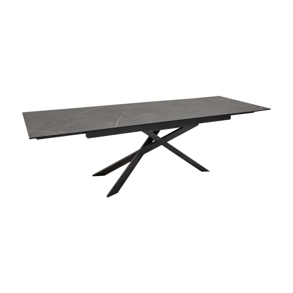 Table extensible en céramique effet marbre noir, verre et fer 180x90cm