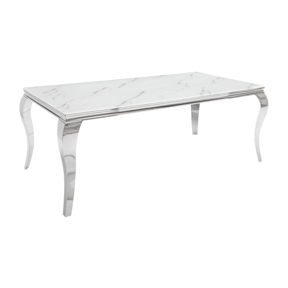 Table en verre effet marbre blanc et pieds en acier argenté 200x100cm