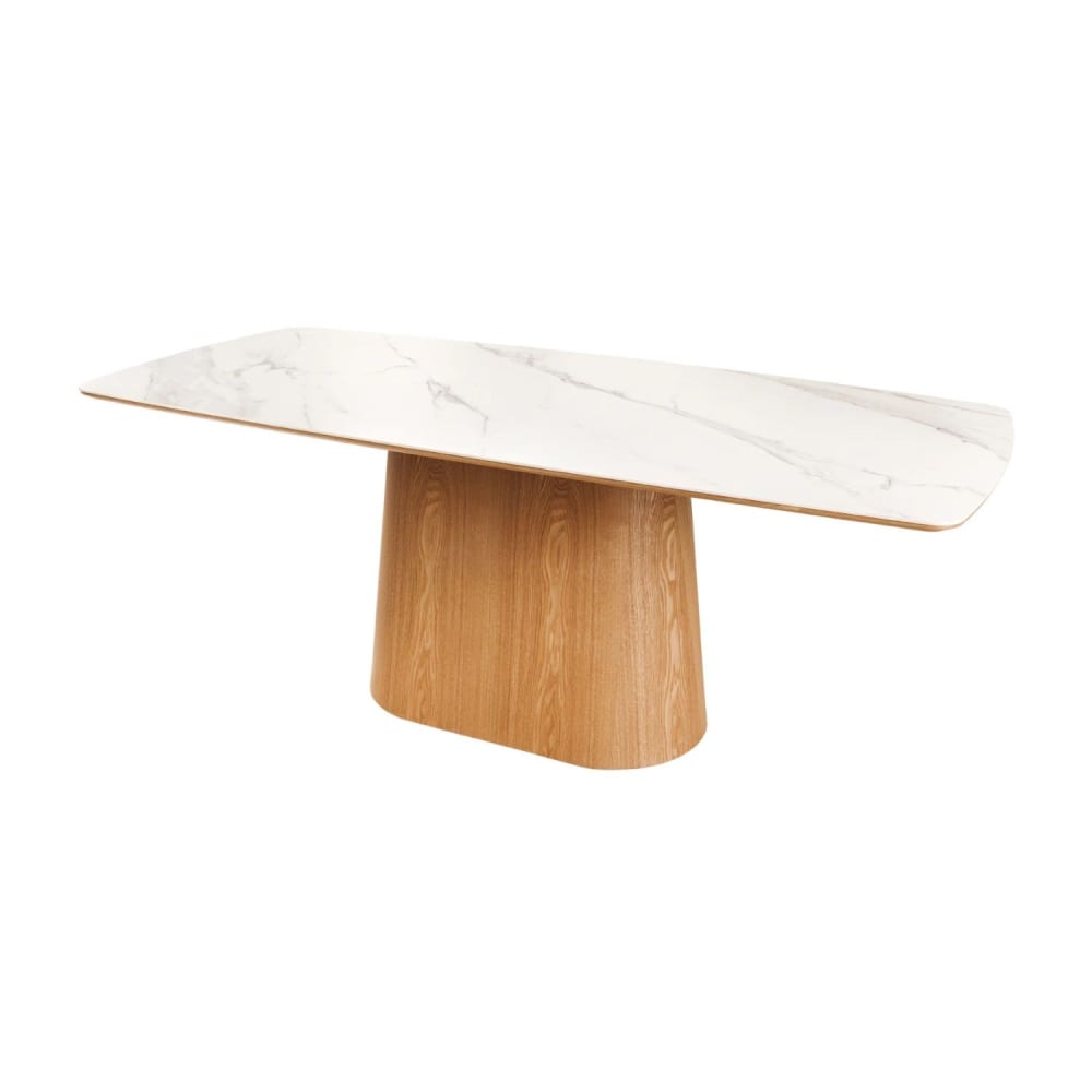 Table en céramique effet marbre blanc et pieds effet bois 200x90cm Table en céramique effet marbre blanc et pieds effet bois 200x90cm
