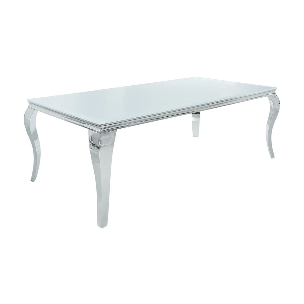 Table rectangulaire en verre blanc et pieds en acier argenté 200x105cm