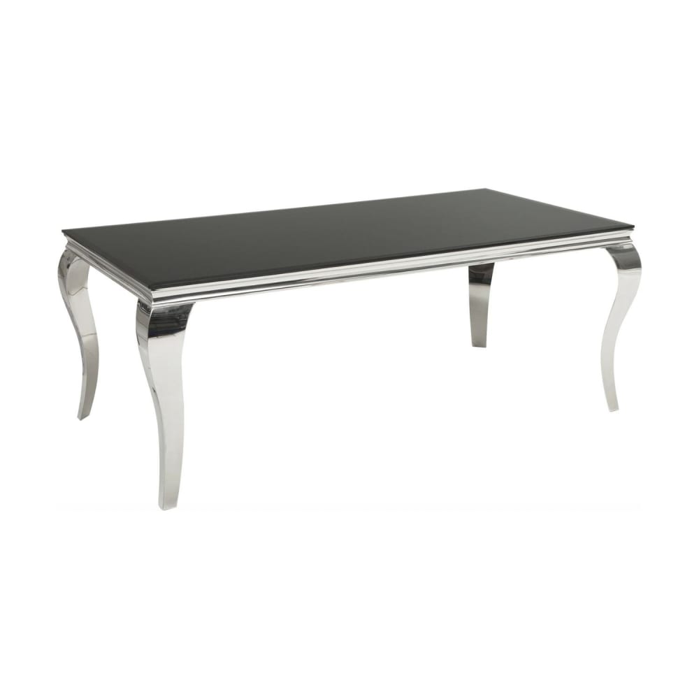 Table rectangulaire en verre noir et pieds en acier argenté 200x100cm