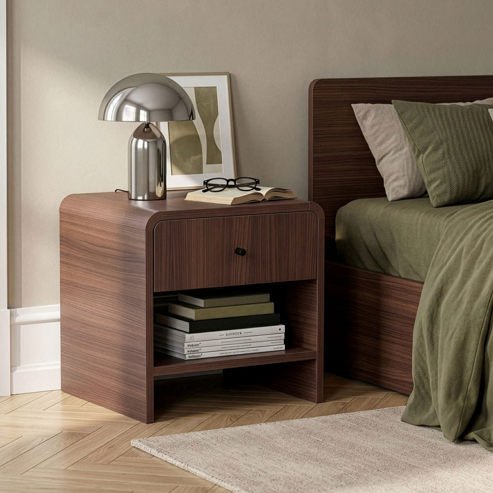 Table de chevet 1 tiroir aux bords arrondis en bois - bois foncé