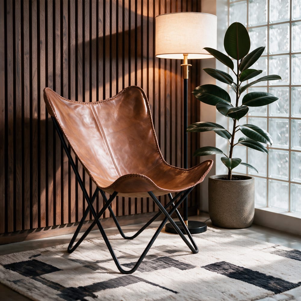 Fauteuil papillon en cuir de buffle marron