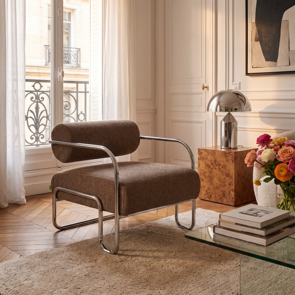 Fauteuil en tissu pieds chrome - marron