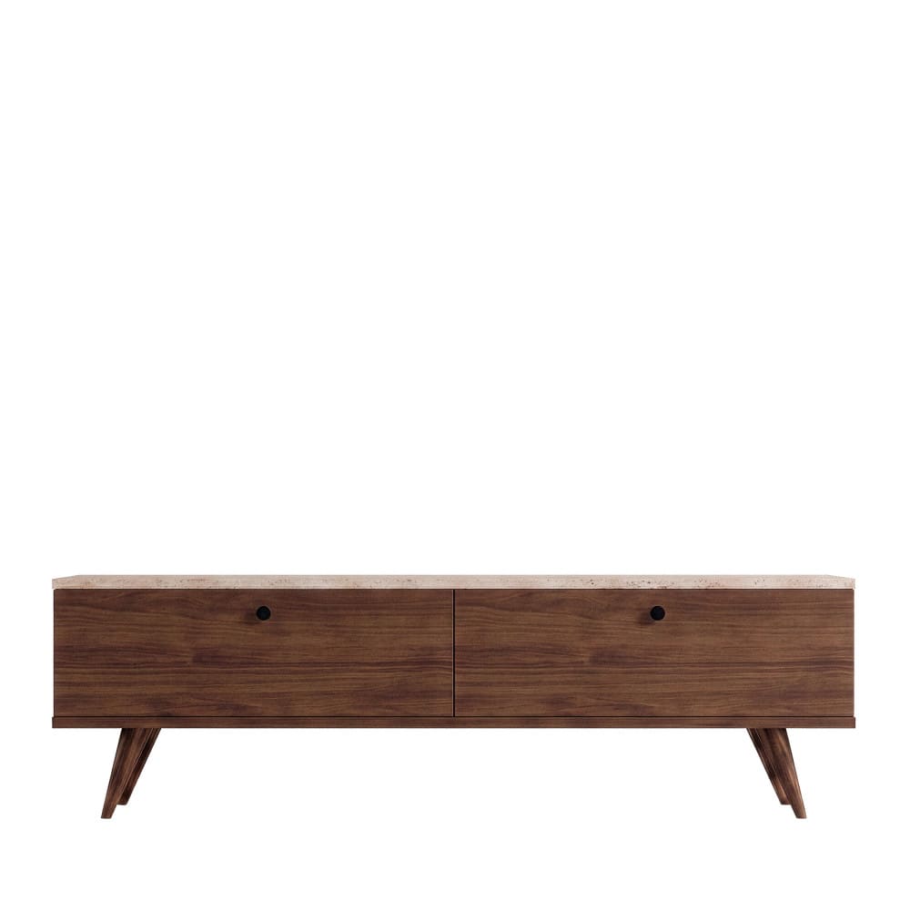 Meuble tv 2 portes plateau effet travertin et bois l140cm - bois foncé Meuble tv 2 portes plateau effet travertin et bois l140cm - bois foncé