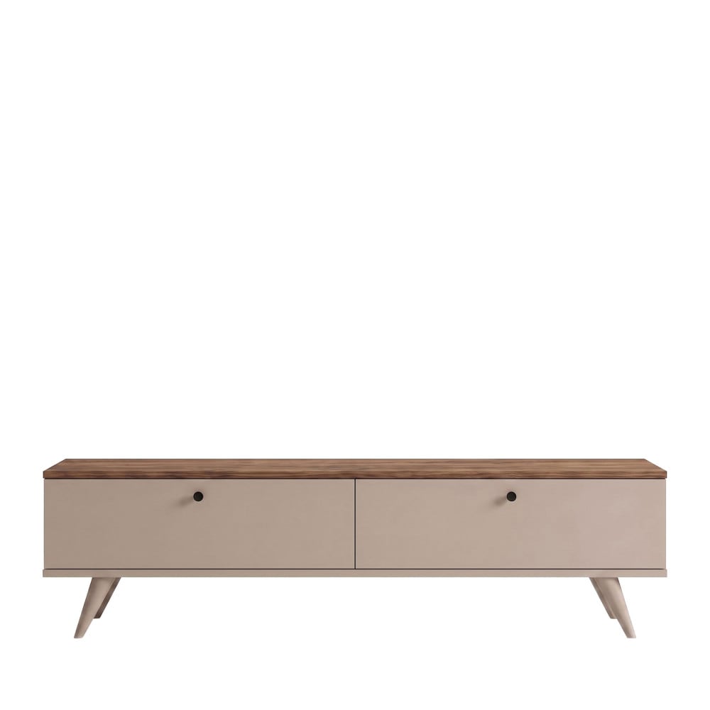 Meuble tv 2 portes plateau bois foncé l140cm - beige