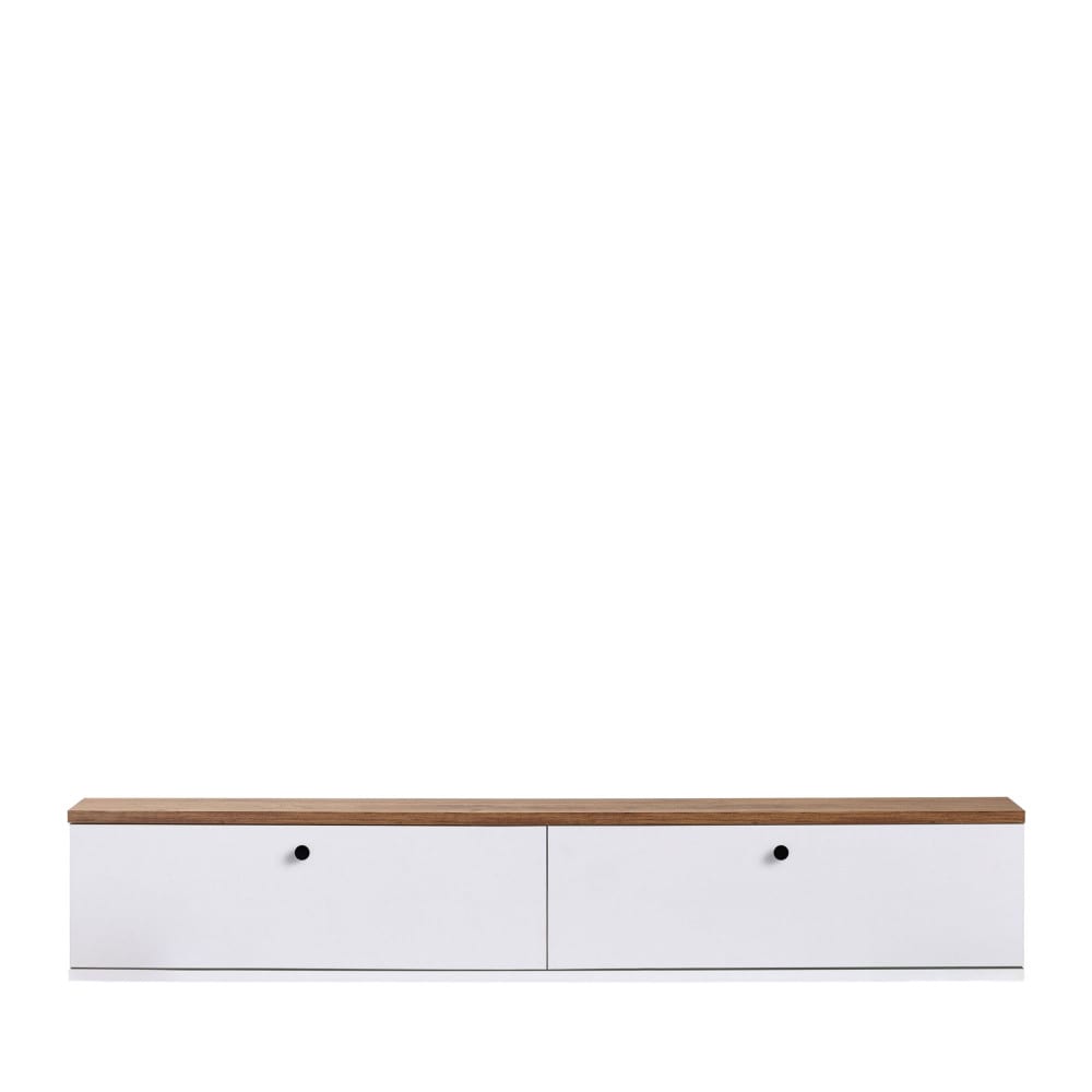 Meuble tv suspendu 2 portes plateau bois foncé l140cm - blanc Meuble tv suspendu 2 portes plateau bois foncé l140cm - blanc