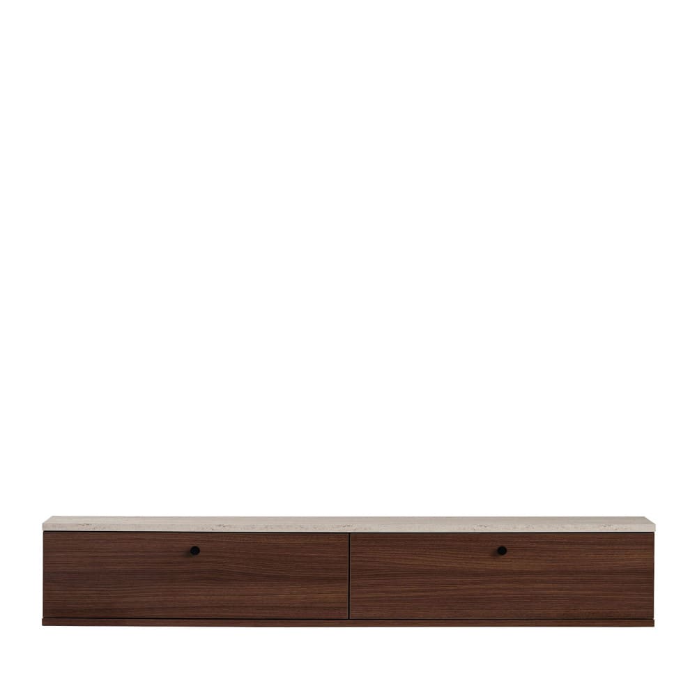 Meuble tv suspendu 2 portes bois et effet travertin l160cm bois foncé