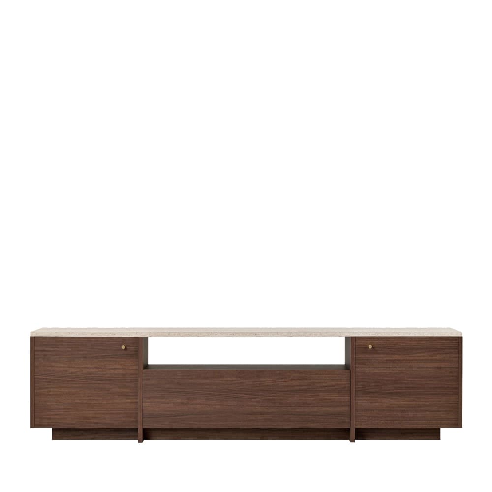 Meuble tv 3 portes plateau effet travertin et bois l180cm - bois foncé Meuble tv 3 portes plateau effet travertin et bois l180cm - bois foncé