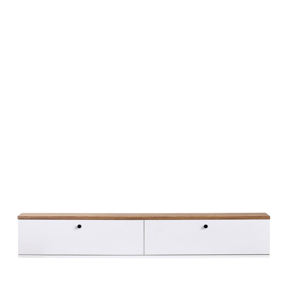 Meuble tv suspendu 2 portes plateau bois foncé l160cm - blanc Meuble tv suspendu 2 portes plateau bois foncé l160cm - blanc