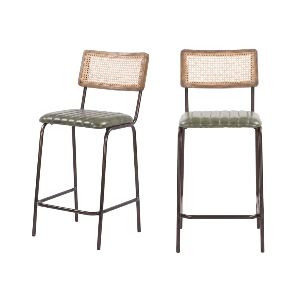 Lot de 2 chaises de bar 76 cm en cannage et cuir vert
